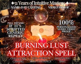 Könnte beinhalten: Ein Bild mit einer Kristallkugel, einer brennenden Kerze und Tarotkarten. Text enthält "Burning Lust Attraction Spell", "51 Years of Intuitive Mastery" und "Same-Day Casting". Das Bild hat ein mystisches, spirituelles Thema mit Fokus auf Wahrsagerei.