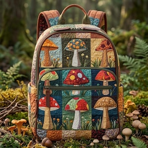 Vintage Mushroom Quilted Backpack, Cottagecore Aesthetic School Bag, Handmade Patchwork Mushroom Bookbag, Retro Nature Lover Gift, Boho Pack