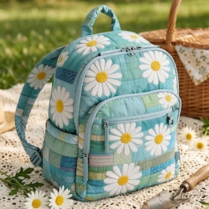 Quilted Daisy Backpack, Color Block Flower Bag, Handmade Patchwork Rucksack, Floral Summer Travel Bag, Embroidered Daisy School Backpack
