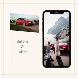 May include: A red sports car is shown in two images, one before and one after. The after image shows a man proposing to a woman in front of the car. The text "Before & After" is also present.