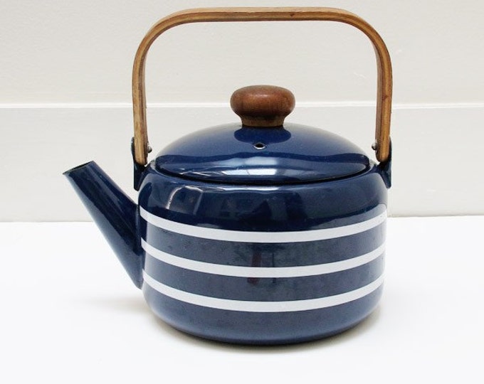 Vintage Enamelware Teapot Blue White Stripes Wood Handle Etsy