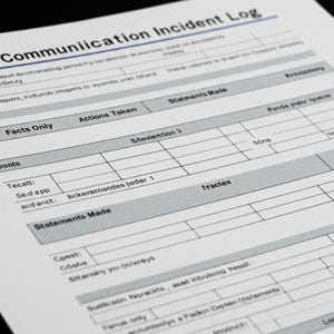 Könnte beinhalten: Nahaufnahme eines gedruckten „Communication Incident Log“ auf weißem Papier. Das Dokument hat eine Kopfzeile und mehrere Abschnitte mit Linien zum Ausfüllen von Informationen. Der Text enthält „Facts Only“, „Actions Taken“ und „Statements Made“.