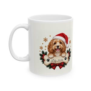 Personalized Cavapoo Christmas Coffee Mug, 11oz or 15oz Ceramic Dog Mug with Name and Year, Santa Hat Cavapoo Gift