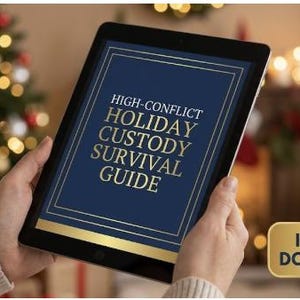 May include: A black tablet shows the text "HIGH-CONFLICT HOLIDAY CUSTODY SURVIVAL GUIDE" on a navy blue background with gold borders. The tablet is held in front of a Christmas tree and a gold "INSTANT DOWNLOAD" button is visible.