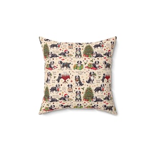 May include: A square throw pillow with a cream background featuring a repeating pattern of Bernese Mountain Dogs in various Christmas scenes, including decorated trees, presents, and text like Dear Santa I can explain and Ho Ho Woof.