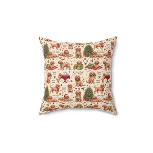 May include: A square throw pillow with a cream background featuring a repeating pattern of golden-colored dogs in various Christmas-themed scenes, including decorated trees, presents, and text such as Dear Santa, I Didn't Do It, and Ho Ho Woof.