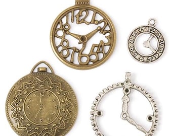 May include: Four antique-style metal clock charms with different designs. One charm is a round clock face with Roman numerals, another is a round clock face with Arabic numerals, another is a round clock face with a gear design, and the last is a round clock face with a skeleton design.