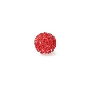 Könnte beinhalten: Eine einzelne rote Strassperle. Die Perle ist rund und mit kleinen, funkelnden Strasssteinen bedeckt.