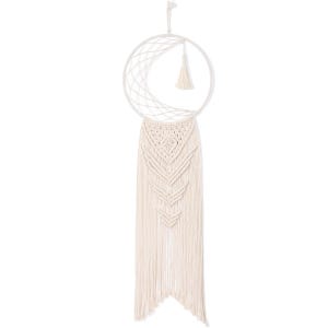 May include: A white macrame dream catcher with a crescent moon design and a long fringe.