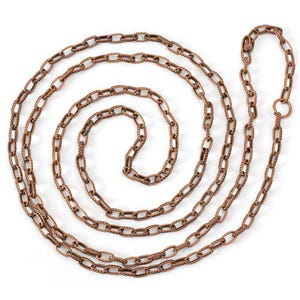 May include: A decorative copper-colored chain, coiled in a spiral pattern. The chain links are oval-shaped with a textured surface. The chain is designed for jewelry making or craft projects.