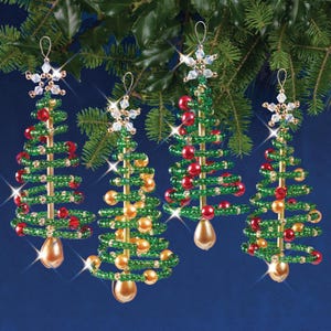 May include: Five beaded Christmas tree decorations, each with a gold wire base and a snowflake at the top. The trees are decorated with green, red, and gold beads.