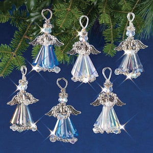 May include: Six silver beaded angel ornaments with iridescent blue and clear crystal beads. The angels have silver wings and are hanging from a silver wire.