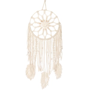 May include: Cream-colored macrame dream catcher with a circular woven design and hanging fringe. The center features wooden beads, and three decorative feathers dangle below. This handcrafted wall hanging adds a bohemian touch to any space.