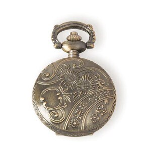 May include: Antique bronze pocket watch with intricate floral and scrollwork design. The watch features a decorative loop and winder. The detailed engraving includes sunflowers and other floral patterns, creating a vintage aesthetic.