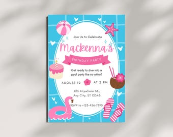 Peut inclure: Invitation d'anniversaire avec un fond bleu et un motif quadrillé blanc. L'invitation présente des illustrations d'un ballon de plage, d'un gâteau, d'une étoile de mer, d'un flotteur flamant rose et de tongs. Le texte dit "Mackenna's Birthday Party".