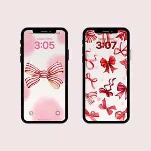 Red Ribbon Aesthetic Wallpaper Set – 2 Minimal Phone Backgrounds, Instant Download