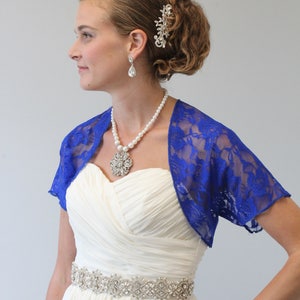Bridal lace jacket, Royal Blue  bridal Lace Bolero, wedding shrug With Short Sleeve 720ROS-RoBLUE