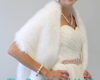 Pure White Faux Fur Stole, Bridal wrap, faux fur bridal shawl, faux fur shrug,  #900F-WHI