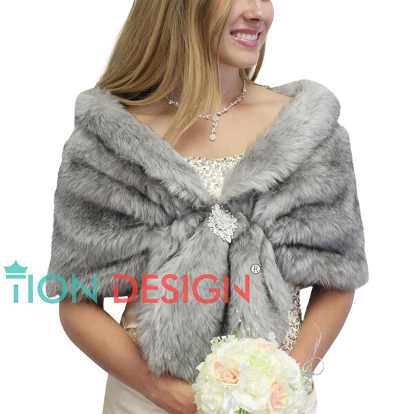 Faux Fur Wrap Grey, faux fur stole Bridal, Wedding fur shrug, 800NF-GREY