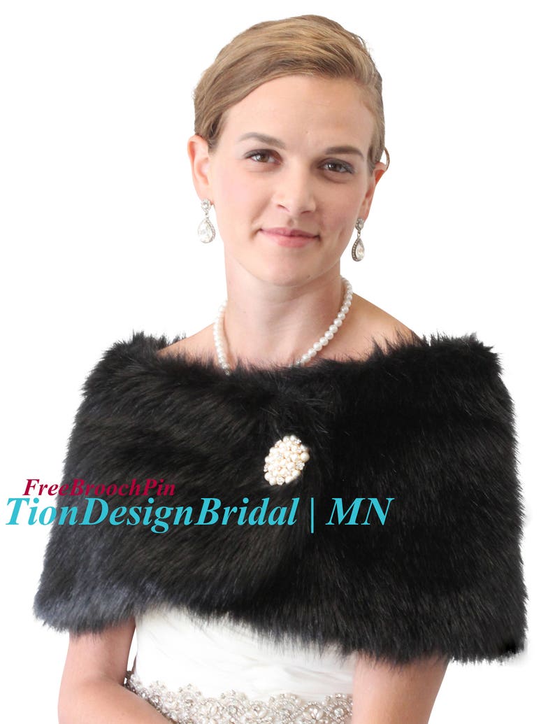 Bridal Fur Shawl Wrap, Black Faux Fur Wrap, Fur Stole, Wedding Fur Shawl, 309F-BLK image 3