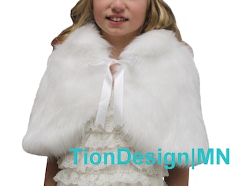 Kid Faux fur capelet White, Winter white fur cape, faux fur shawl 650NF-WHI