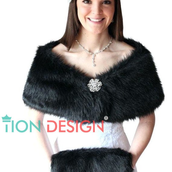 Bridal Fur Shawl Wrap, Black Faux Fur Wrap, Fur Stole,  Wedding Fur Shawl, 309F-BLK