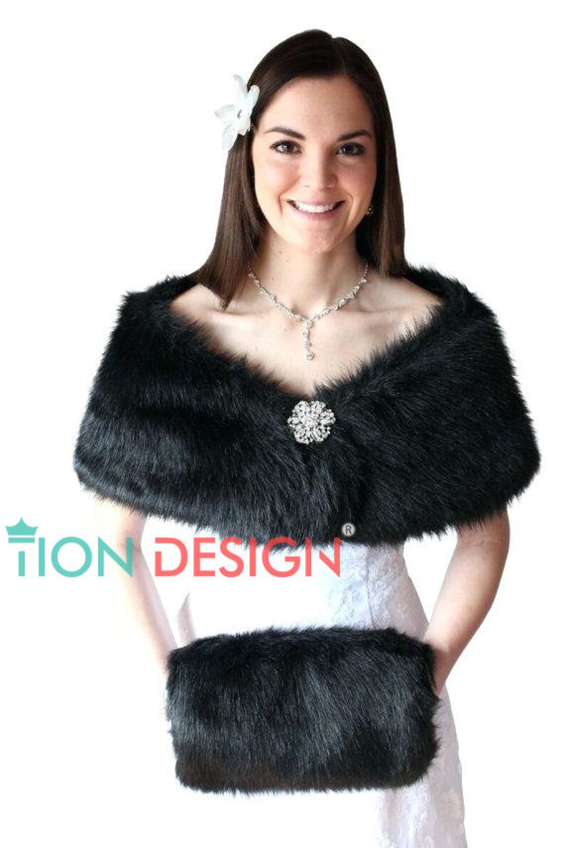 Bridal Fur Shawl Wrap, Black Faux Fur Wrap, Fur Stole, Wedding Fur Shawl, 309F-BLK image 1