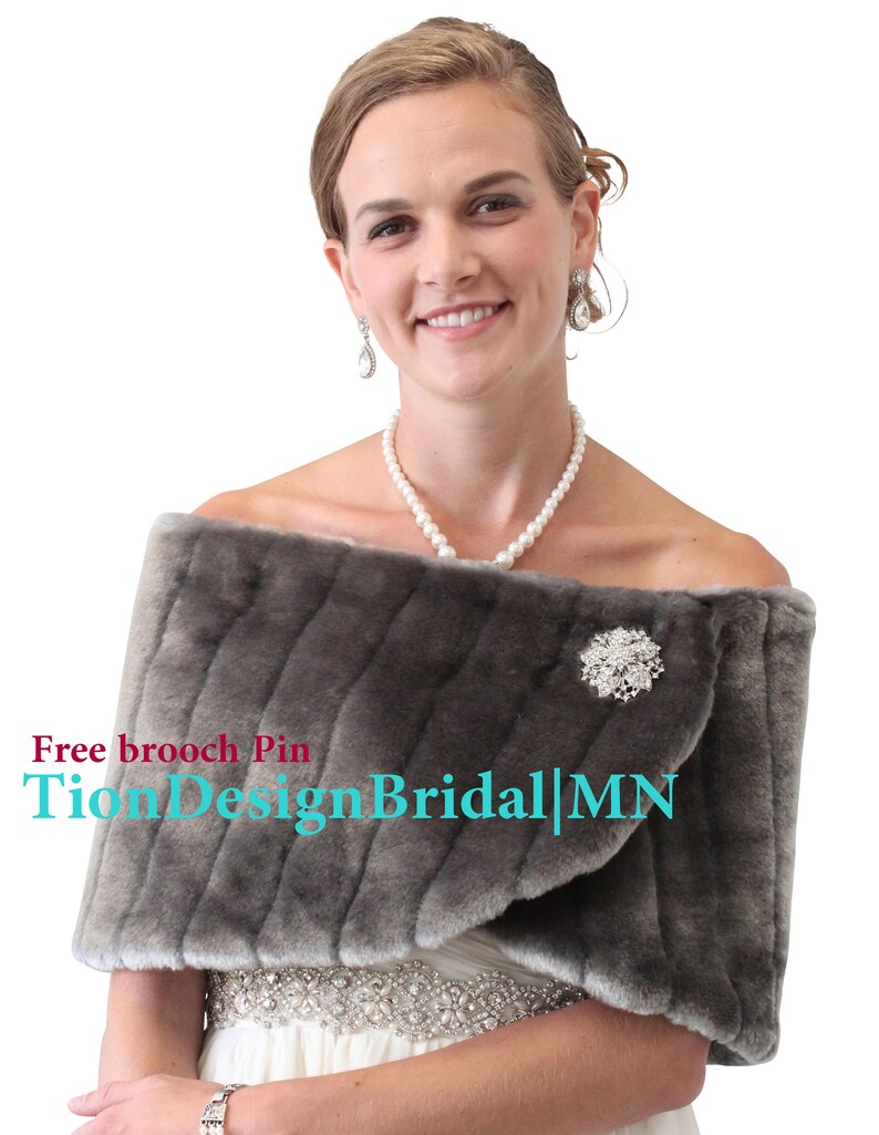 Faux fur wrap GRAY, Bridal Faux Fur Shrug, Wedding Fur Stole, Fur Shawl, 306NM-GRAY image 2