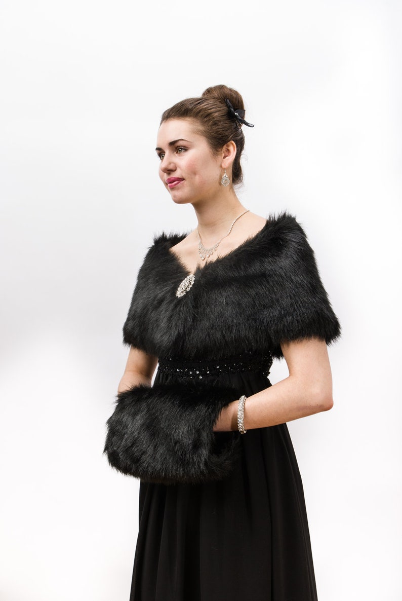 Bridal Fur Shawl Wrap, Black Faux Fur Wrap, Fur Stole, Wedding Fur Shawl, 309F-BLK image 5