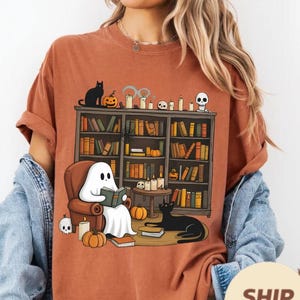 Comfort Colors Retro Ghost Reading Books Shirt, Librarian Ghost Halloween, Halloween Teacher Shirt, Halloween Shirt, Teacher Gift,Boo School