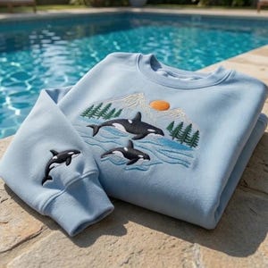 Custom Orca Whale Mountain Embroidered Sweatshirt, Ocean Nature Landscape Crewneck, Killer Whale Jumper, Aesthetic Wilderness Sweater