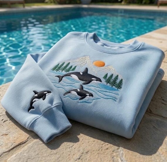 Custom Orca Whale Mountain Embroidered Sweatshirt, Ocean Nature Landscape Crewneck, Killer Whale Jumper, Aesthetic Wilderness Sweater