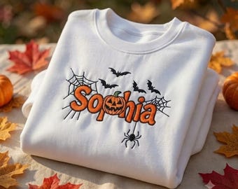 Custom Name Halloween Embroidered Sweatshirt, Personalized Spooky Season Spiderweb Crewneck, Cute Fall Pumpkin Pullover Top