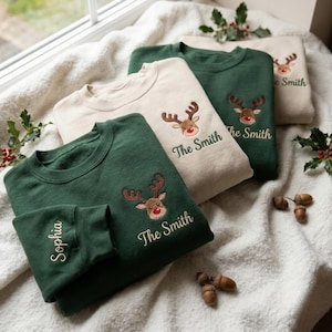 Personalized Family Name Reindeer Embroidered Sweatshirt, Custom Last Name Holiday Crew Shirt, Cute Christmas Party Group Gift, Family Gift