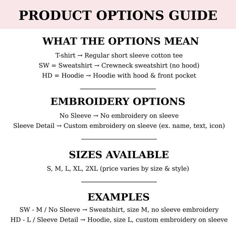 Op de afbeelding: Een productoptiegids met zwarte tekst op een witte achtergrond. De gids legt productopties, borduuropties, beschikbare maten (S, M, L, XL, 2XL) uit en geeft voorbeelden.