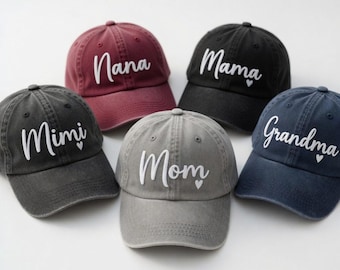 Gorro bordado con corazón de mamá, accesorio familiar personalizado, gorro para abuela, mimi y nana, gorro estético para la maternidad, idea de regalo única.