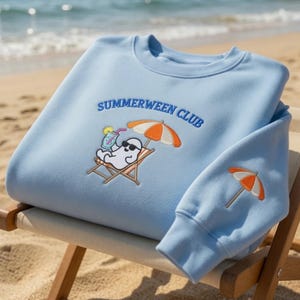 Custom Sunscreen Club Ghost Embroidered Sweatshirt, Summer Beach Vacation Crewneck, Beach Day Ghost Lover Sweater, Summer Jumper