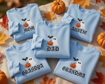Custom Family Ghost Pumpkin Embroidered Sweatshirt, Personalized Spooky Season Halloween Crewneck, Matching Family Group Fall Pullover Top