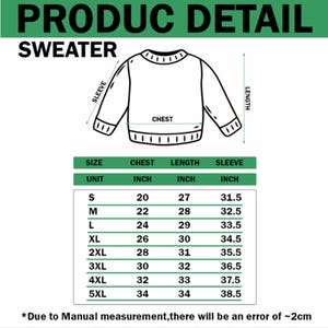 May include: A product detail chart for a sweater featuring a line drawing of the garment with arrows indicating chest, length, and sleeve measurements. A table lists sizes S through 5XL with corresponding dimensions in inches. Text includes "PRODUCT DETAIL SWEATER" and a disclaimer about a 2cm manual measurement error.