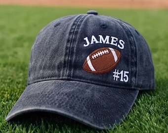 Custom Football Name Number Embroidered Dad Cap, Personalized Vintage Washed Baseball Hat, Sports Fan Game Day Gift Accessories