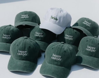 Gorro bordado "Happy Camper Bride", gorro de regalo para despedida de soltera en camping, gorro bordado para despedida de soltera en camping, regalo para la fiesta nupcial, despedida de soltera