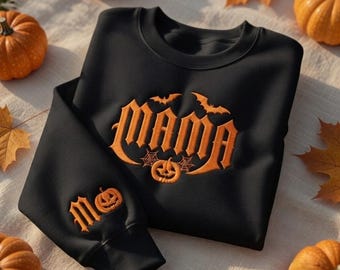 Custom Halloween Mama Embroidered Sweatshirt, Spooky Season Pumpkin Crewneck, Fall Festival Mom Pullover Top With Sleeve Text