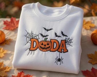Custom Halloween Dada Embroidered Sweatshirt, Spooky Season Pumpkin Spiderweb Crewneck, Matching Family Fall Pullover Top