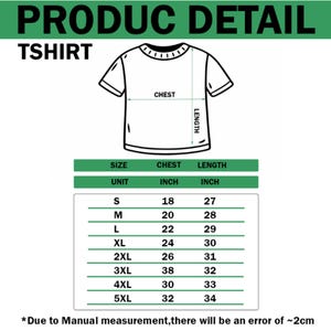 May include: A t-shirt size chart featuring a black and white line drawing of a t-shirt with chest and length labels. A table lists sizes S through 5XL with corresponding chest and length measurements in inches. Text notes a 2cm manual measurement error.