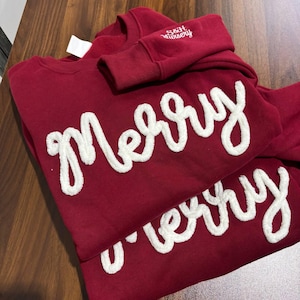 Custom Merry Chenille Loop Yarn Embroidered Sweatshirt, Cozy Textured Holiday Script Shirts, Festive Winter Sweatshirt, Christmas Gift Idea