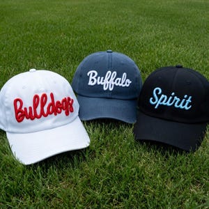 May include: Three baseball caps with embroidered text. A white cap with "Bulldogs" in red, a navy blue cap with "Buffalo" in white, and a black cap with "Spirit" in light blue. All caps are on green grass.