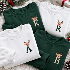 Personalized Reindeer Head Initial Letter Embroidered Sweatshirt, Custom Matching Family Crew Shirt, Cute Festive Holiday Party Gift Tee
