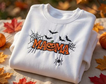 Custom Halloween Mama Embroidered Sweatshirt, Spooky Season Pumpkin Spiderweb Crewneck, Matching Family Fall Pullover Top