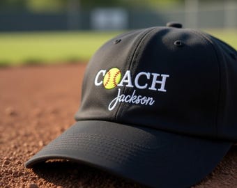 Coach Name Softball Embroidered Hat, Custom Softball Team Gift Cap, Minimalist Embroidery Hat, Fastpitch Softball Coach Gift, Lifestyle Cap