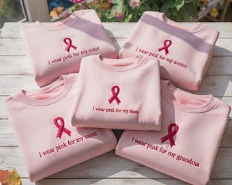 Custom Pink Ribbon Family Embroidered Sweatshirt, Personalized Breast Cancer Awareness Crewneck, Supportive Relative Gift Apparel